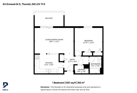 Floor plan for 1 bed, 1 bath